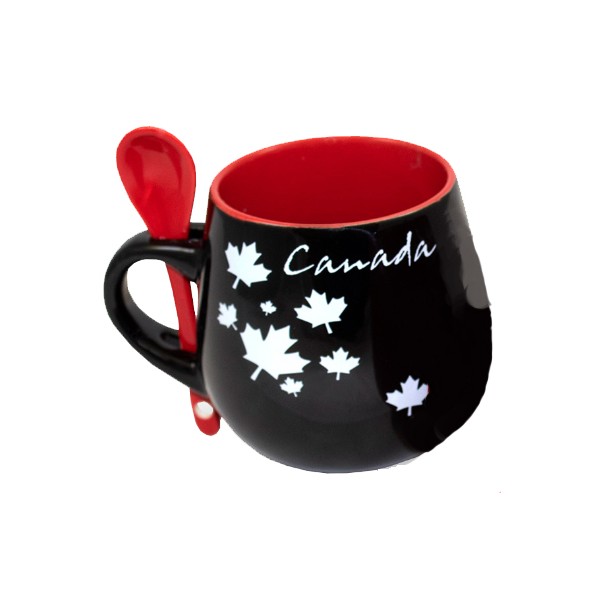 Tasse mug Feuilles d'érable noire avec petite cuillère