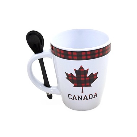 Tasse mug Feuille érable plaid rouge avec petite cuillère